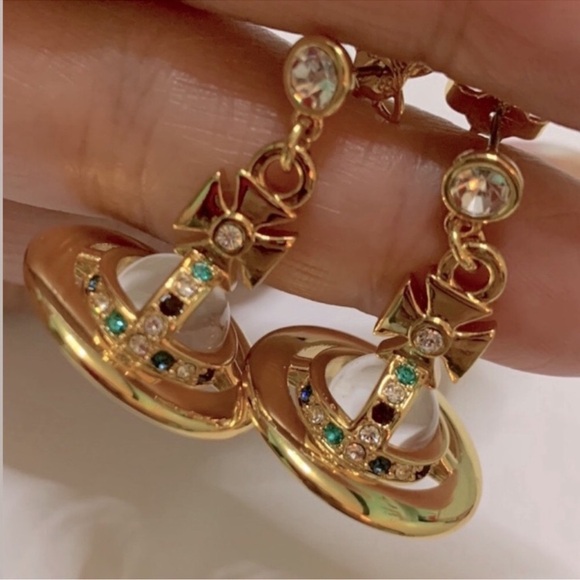 18k gold Plated crystal signature Saturn Orb drop earrings - Picture 8 of 8